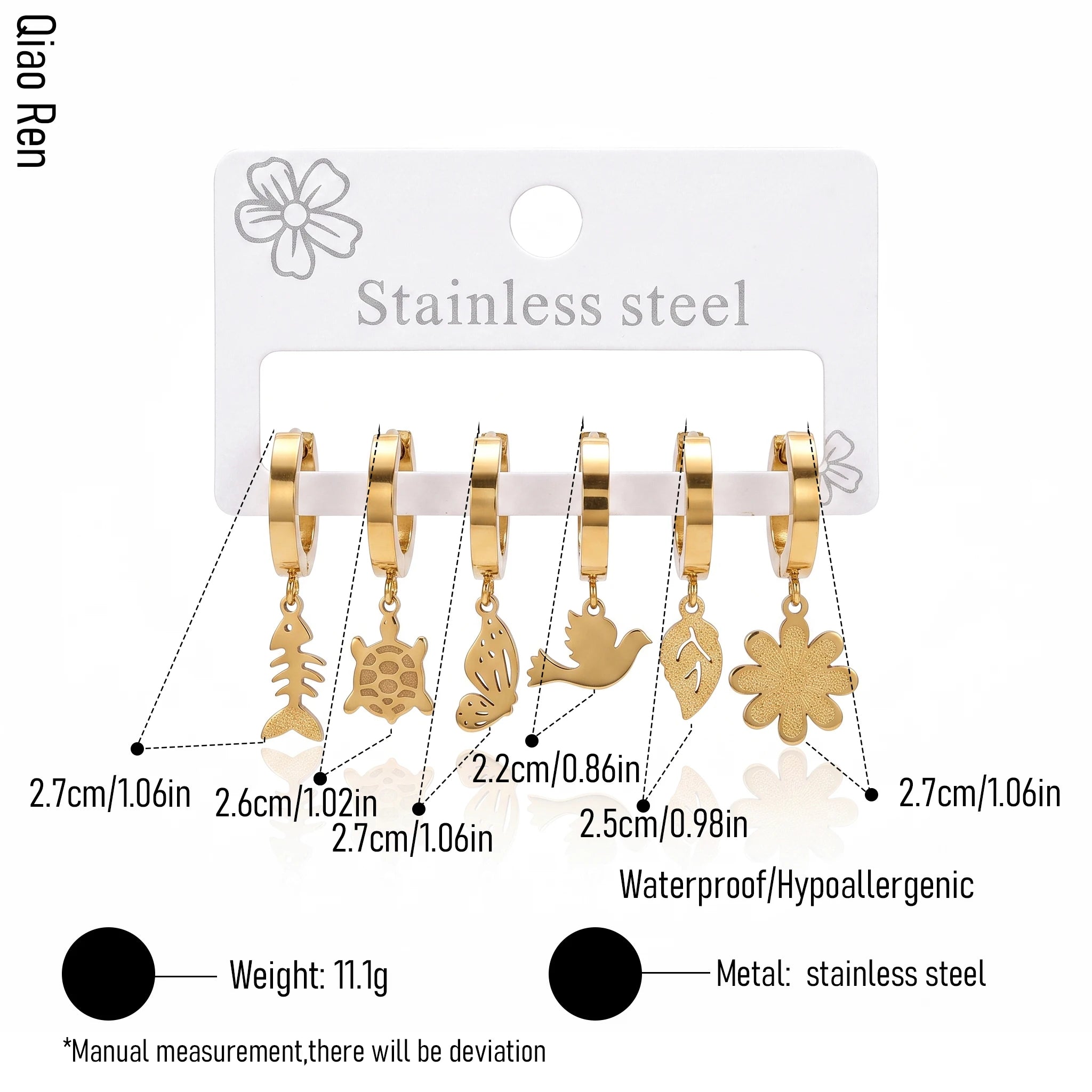 QIAOREN 14481 6 Pair Gold Stainless Steel Huggie Hoop Earrings Set, Fish Bone, Turtle, Butterfly, Bird, Leaf & Flower Earrings
