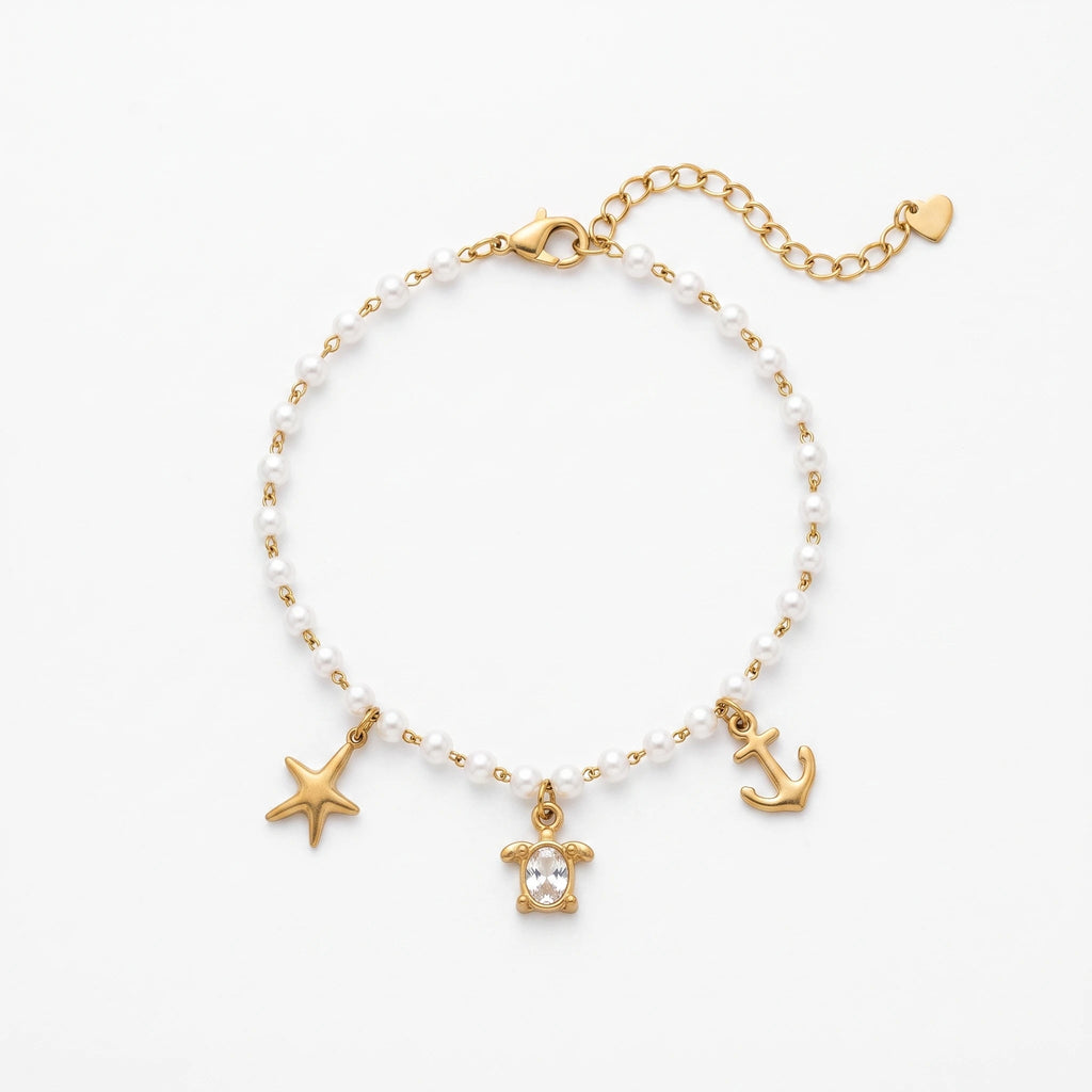 QIAOREN 13328 Ocean Style Pearl Anklet with Starfish, Crystal Turtle & Anchor Charms, Coastal Vacation Foot Jewelry Gift