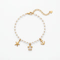 QIAOREN 13328 Ocean Style Pearl Anklet with Starfish, Crystal Turtle & Anchor Charms, Coastal Vacation Foot Jewelry Gift