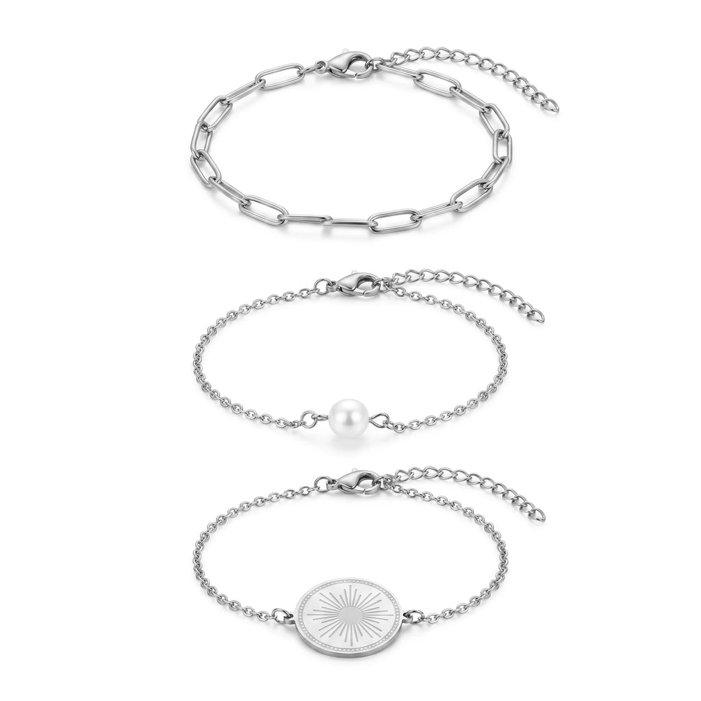 QIAOREN 11530 18K Gold Plated 3Pcs Sunburst Coin Pearl Paperclip Bracelet Set Stainless Steel Tarnish Free