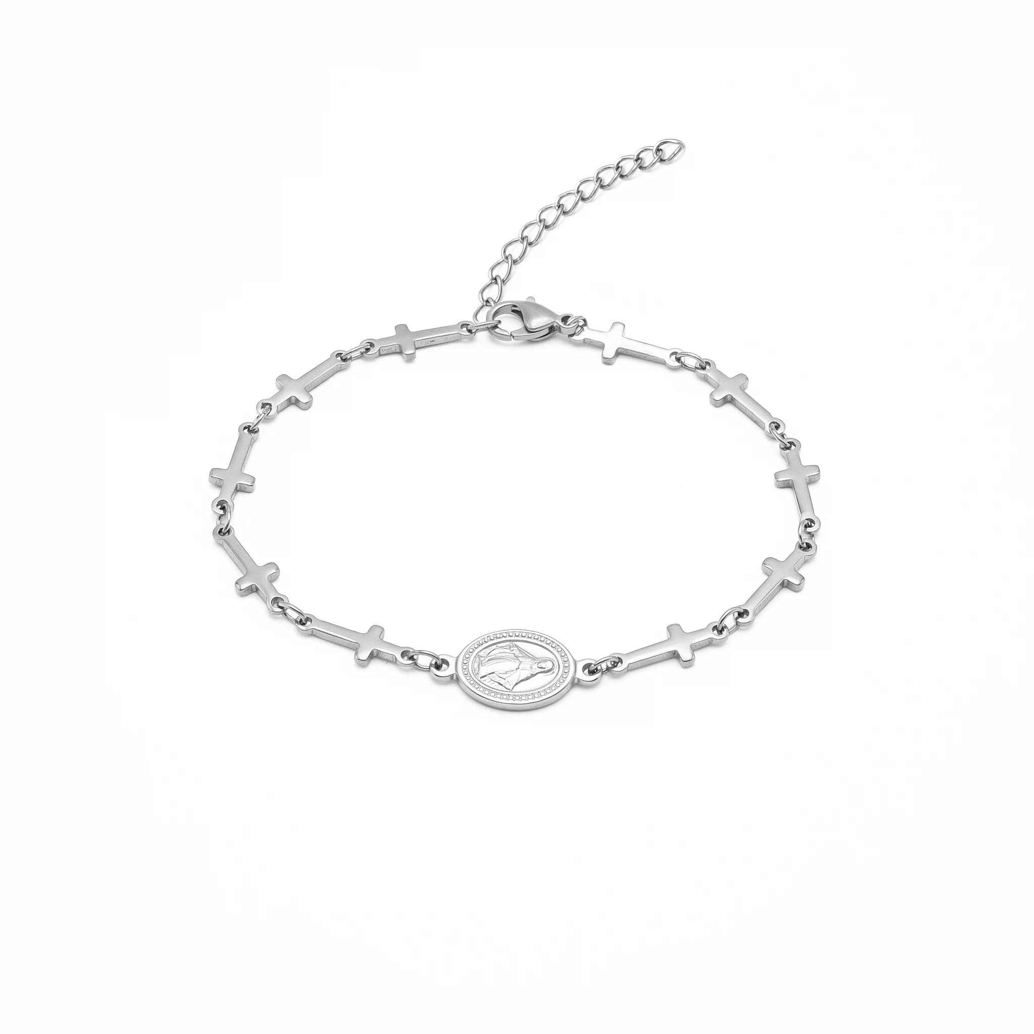 QIAOREN 10574 Miraculous Medal Cross Bracelet 18K Gold Plated Stainless Steel Waterproof Tarnish Free Religious Jewelry