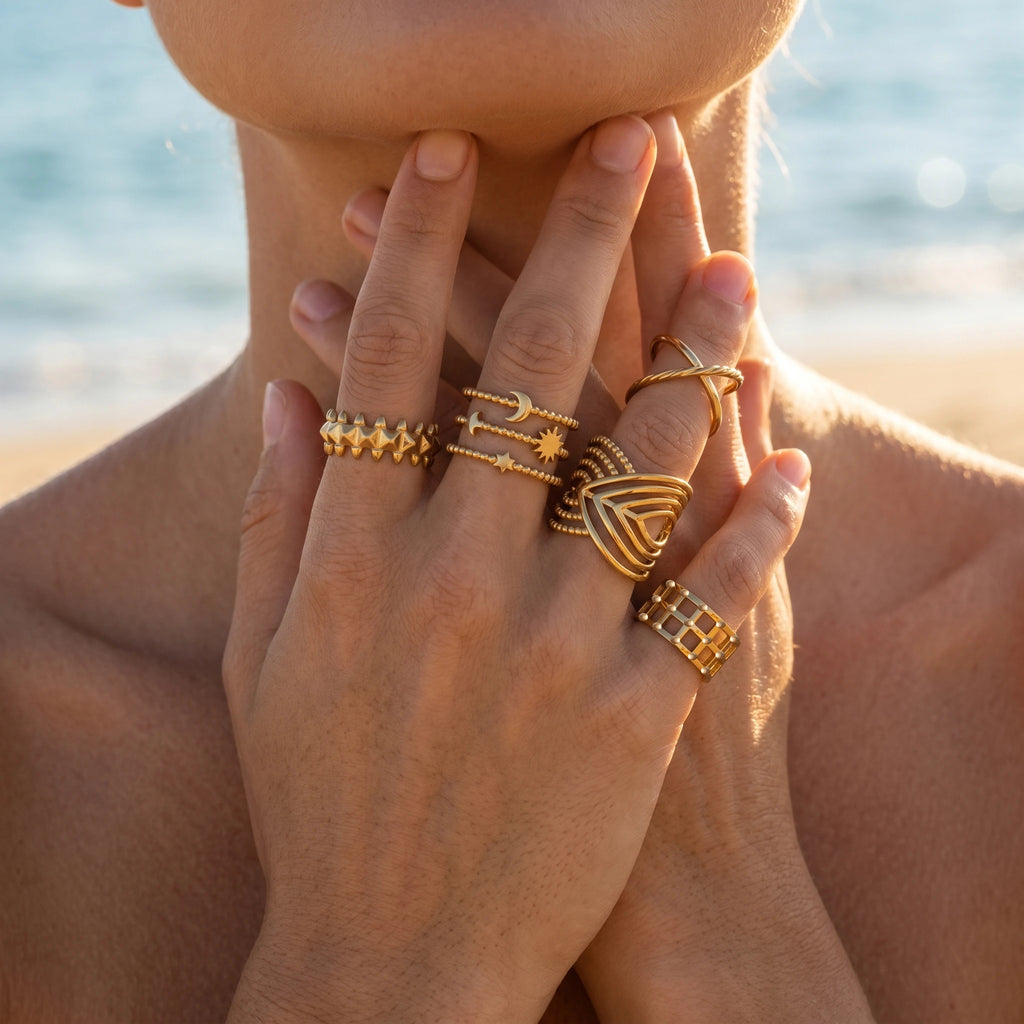 QIAOREN 13126-30 5Pcs 18K Gold Plated Stainless Steel Open Ring Set, Adjustable Stackable Durable Finger Rings