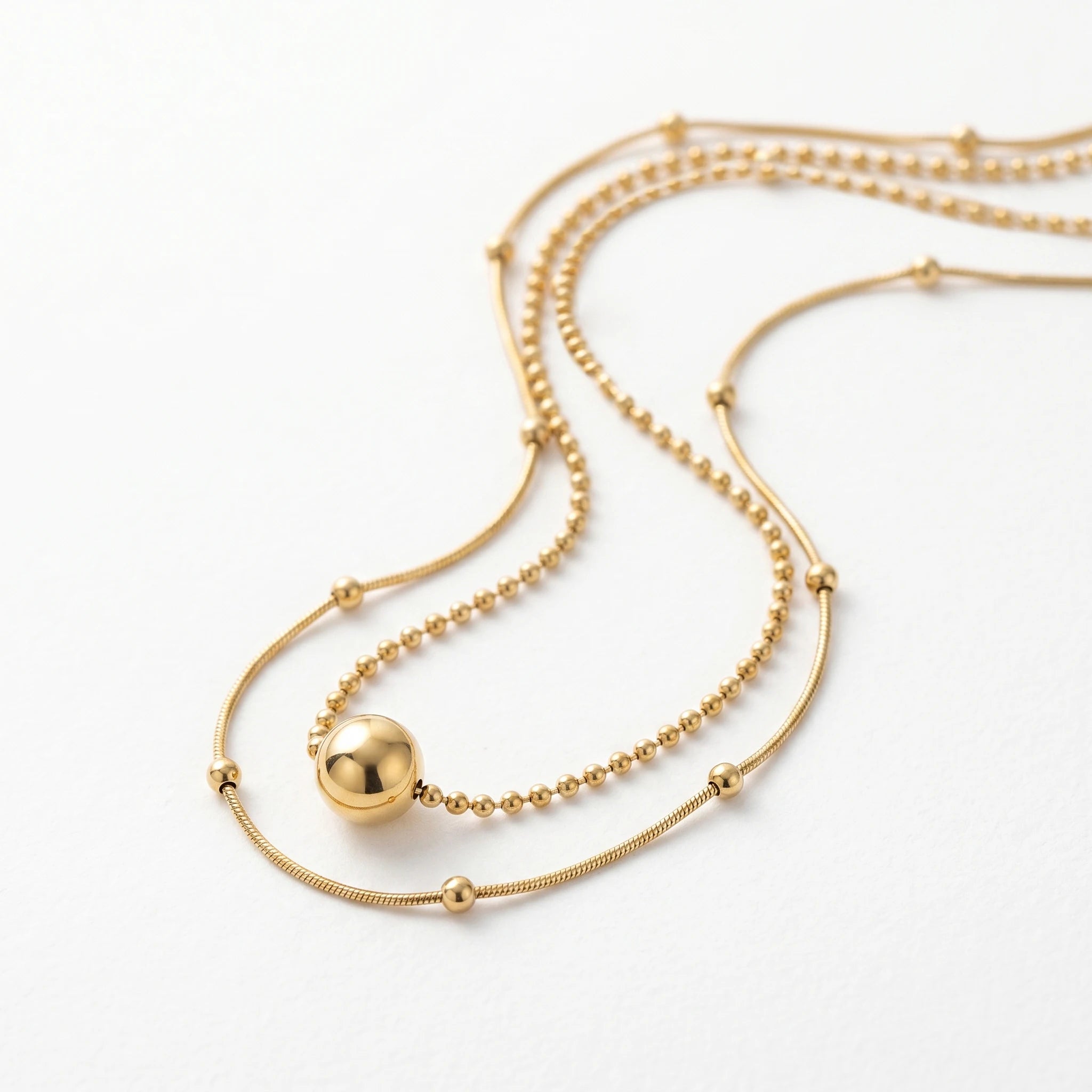 QIAOREN 11899 Minimalist Double Layer Beaded Snake Chain Necklace 18K Gold Stainless Steel Ball Pendant Daily Layering Jewelry