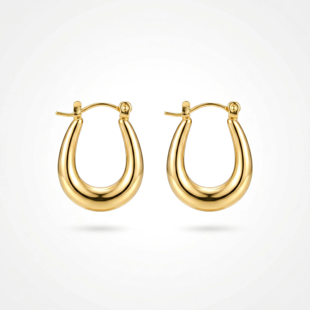 QIAOREN 12527 Waterproof 18K Gold Puffy Oval Earrings Stainless Steel Tarnish Free Bold U Hoop Earrings Jewelry US EU