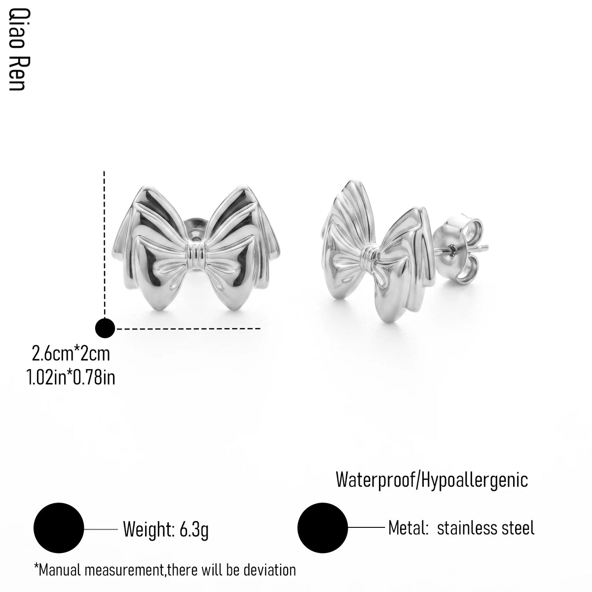 QIAOREN 14051 Polished Gold Double Layer Bow Knot Stud Earrings, 3D Stacked Ribbon Bow Ear Stud Jewelry Gift