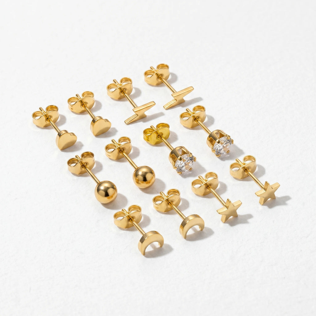 QIAOREN 12615-24 Multi Shape Tiny Stud Earrings Set 18K Gold Stainless Steel Heart Moon Star Ball Lightning CZ Piercing Jewelry