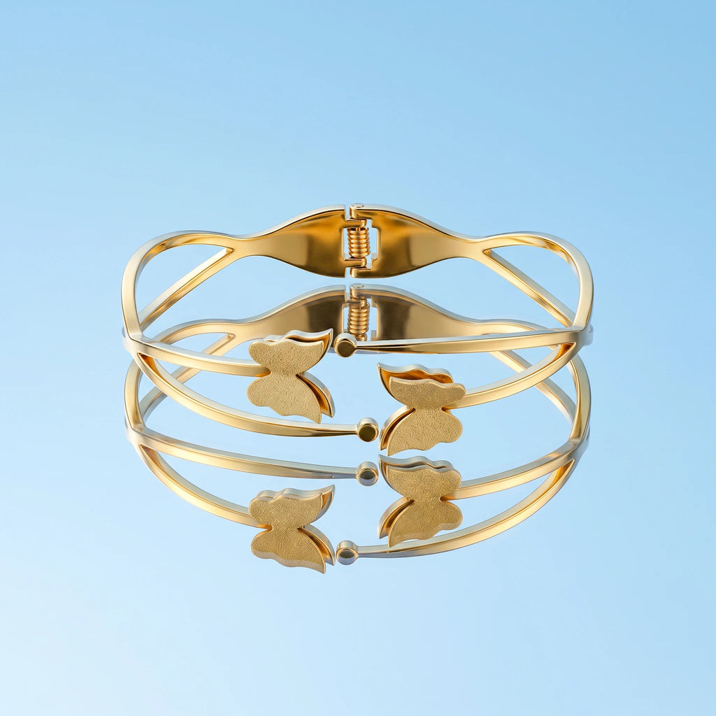 QIAOREN 13656 Trendy Hollow Double Line Butterfly Spring Bangle, Textured Matte Love Insect Decor Gold Open Cuff Bangle