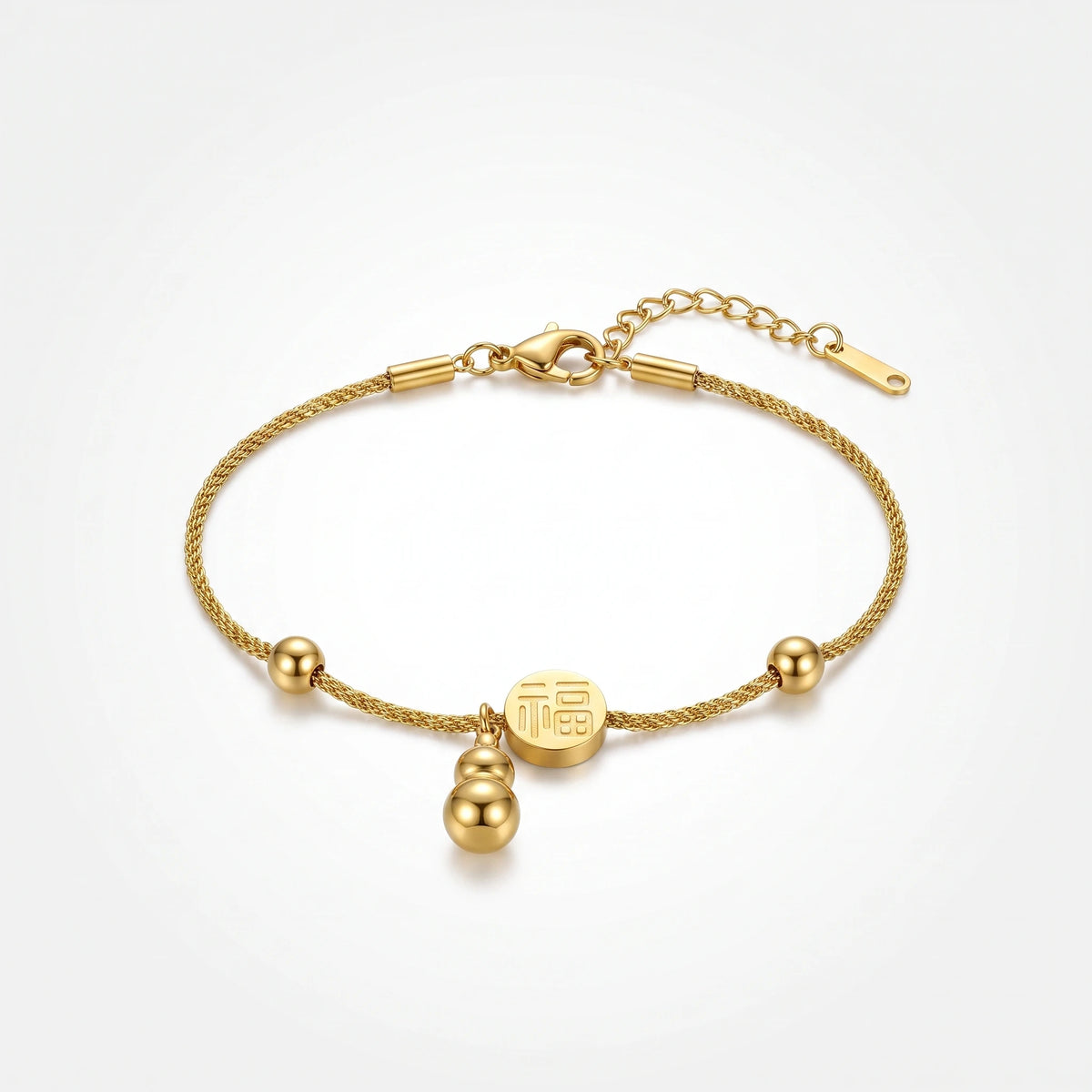 QIAOREN 13297 Gold Plated Stainless Steel Lucky Fu Charm Gourd Bracelet Good Fortune Minimalist Adjustable Jewelry