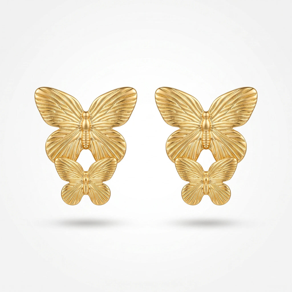 QIAOREN 13275 Gold Tone Double Butterfly Stud Earrings Fine Vein Textured Two Layer Butterfly Pin Studs Retro Elegant