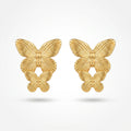 QIAOREN 13275 Gold Tone Double Butterfly Stud Earrings Fine Vein Textured Two Layer Butterfly Pin Studs Retro Elegant