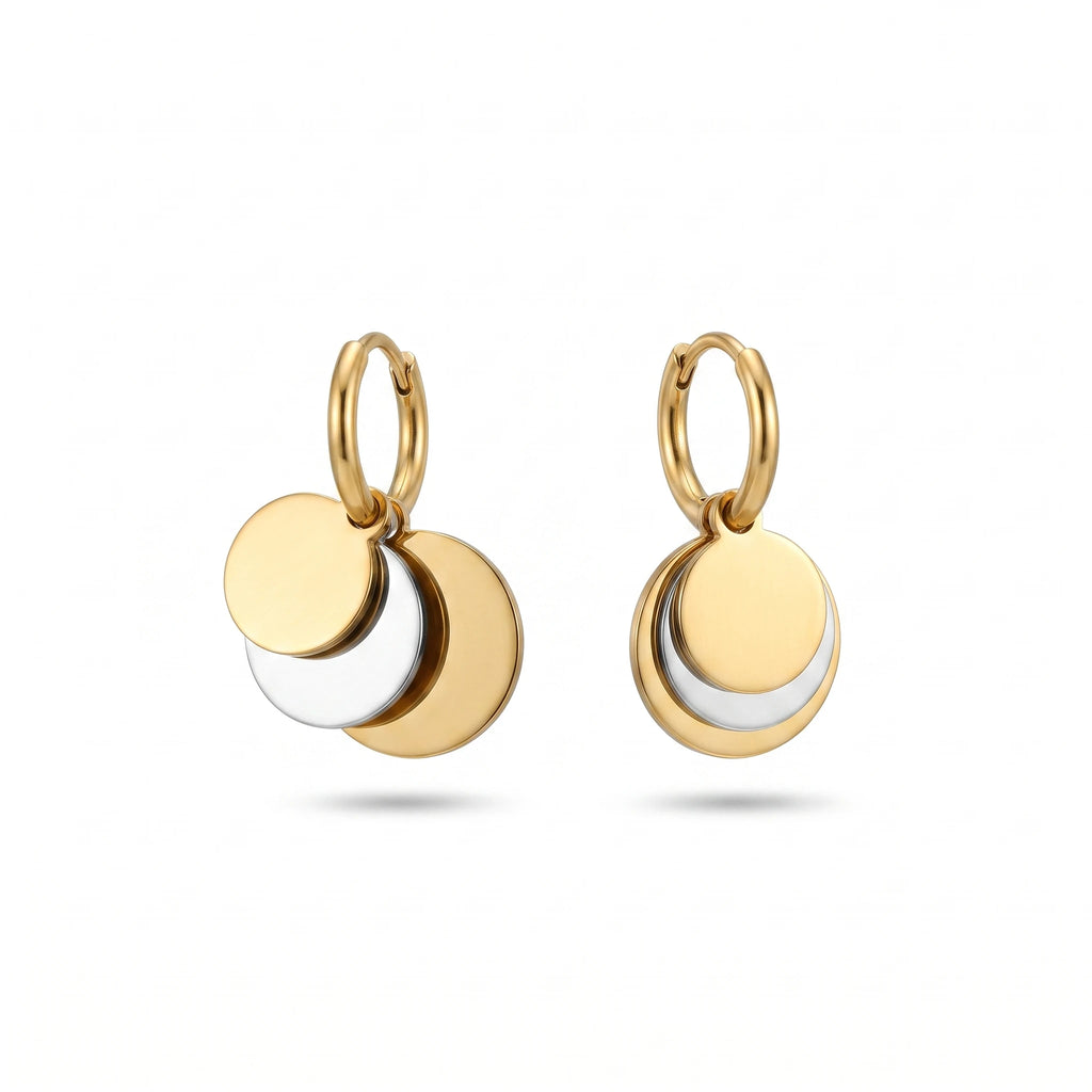 QIAOREN 14423 Two Tone Multi Disc Charm Huggie Hoop Earrings, Stainless Steel Small Hoop Earrings Jewelry Gift for Daily Outfits