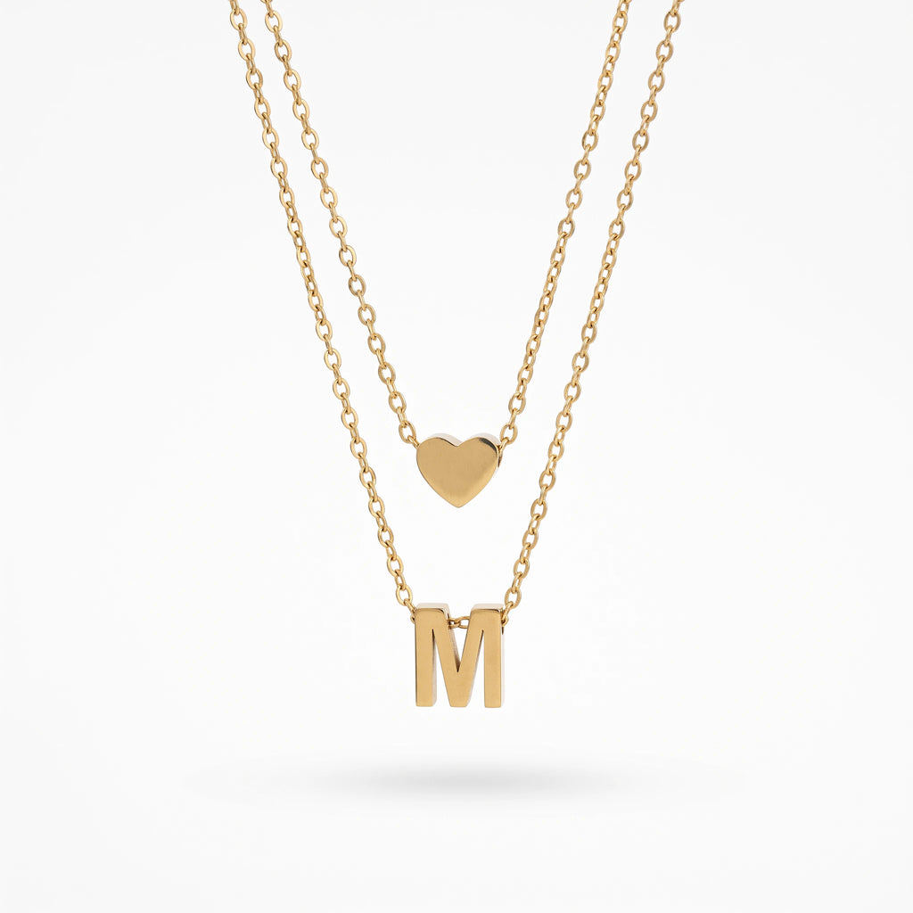 QIAOREN 14420 Layered Heart & Letter M Pendant Necklace, Stainless Steel Double Chain Necklace Jewelry Gift for Daily Outfits