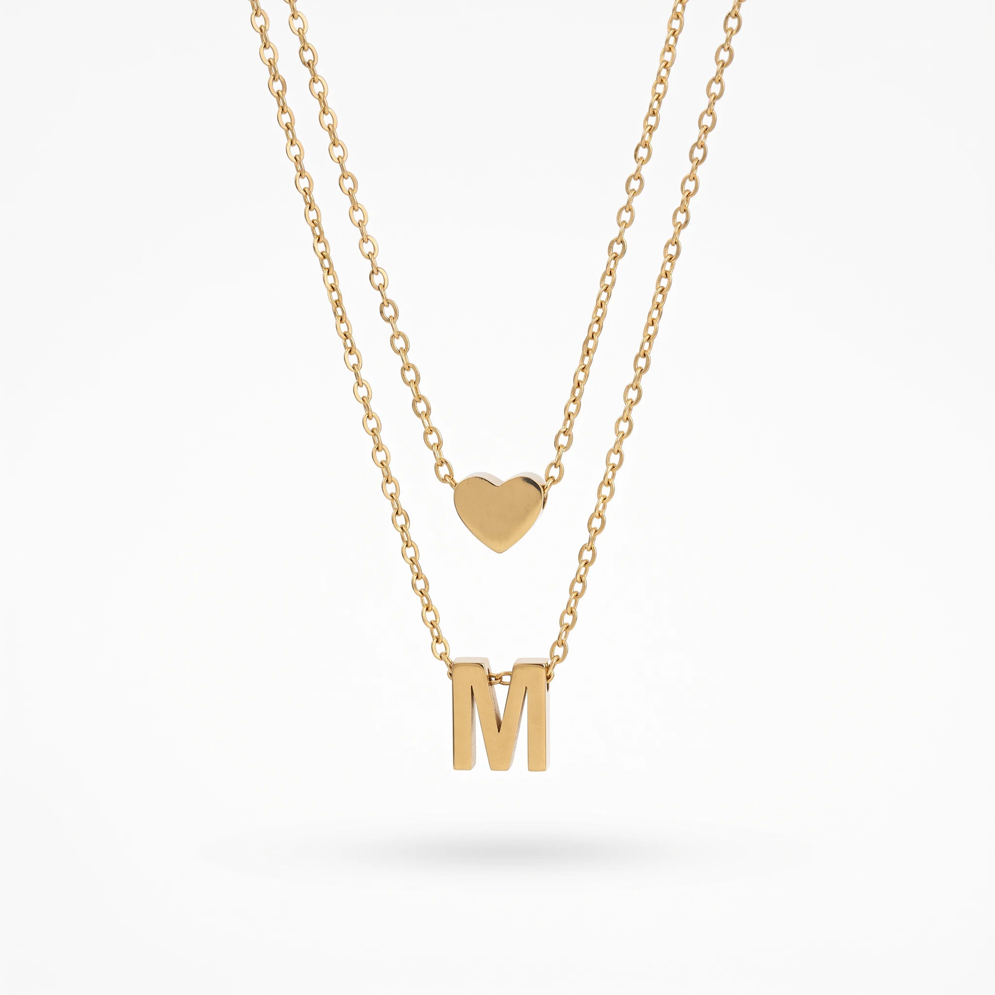 QIAOREN 14420 Layered Heart & Letter M Pendant Necklace, Stainless Steel Double Chain Necklace Jewelry Gift for Daily Outfits