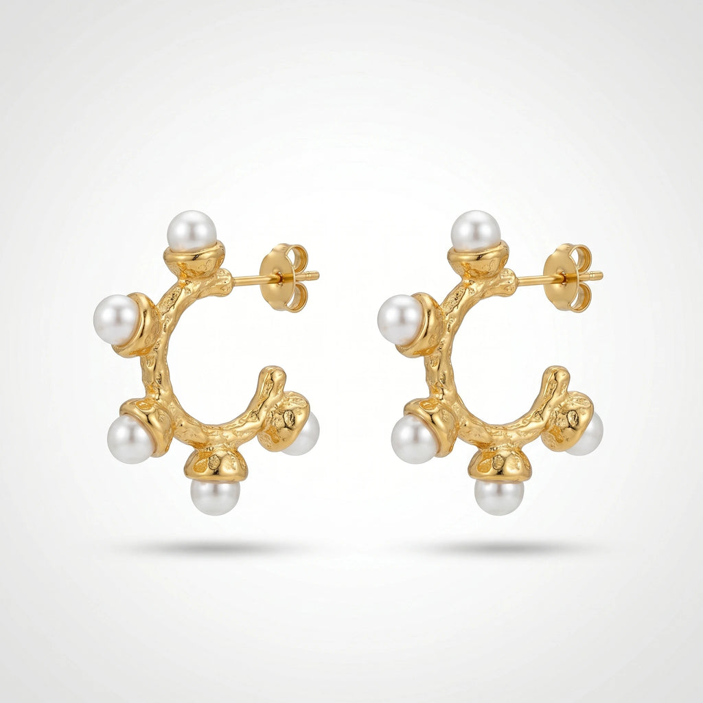 QIAOREN 12512 Tarnish Free Waterproof Molten Pearl C Hoops Gold Stainless Steel Textured Statement Earrings Women US EU