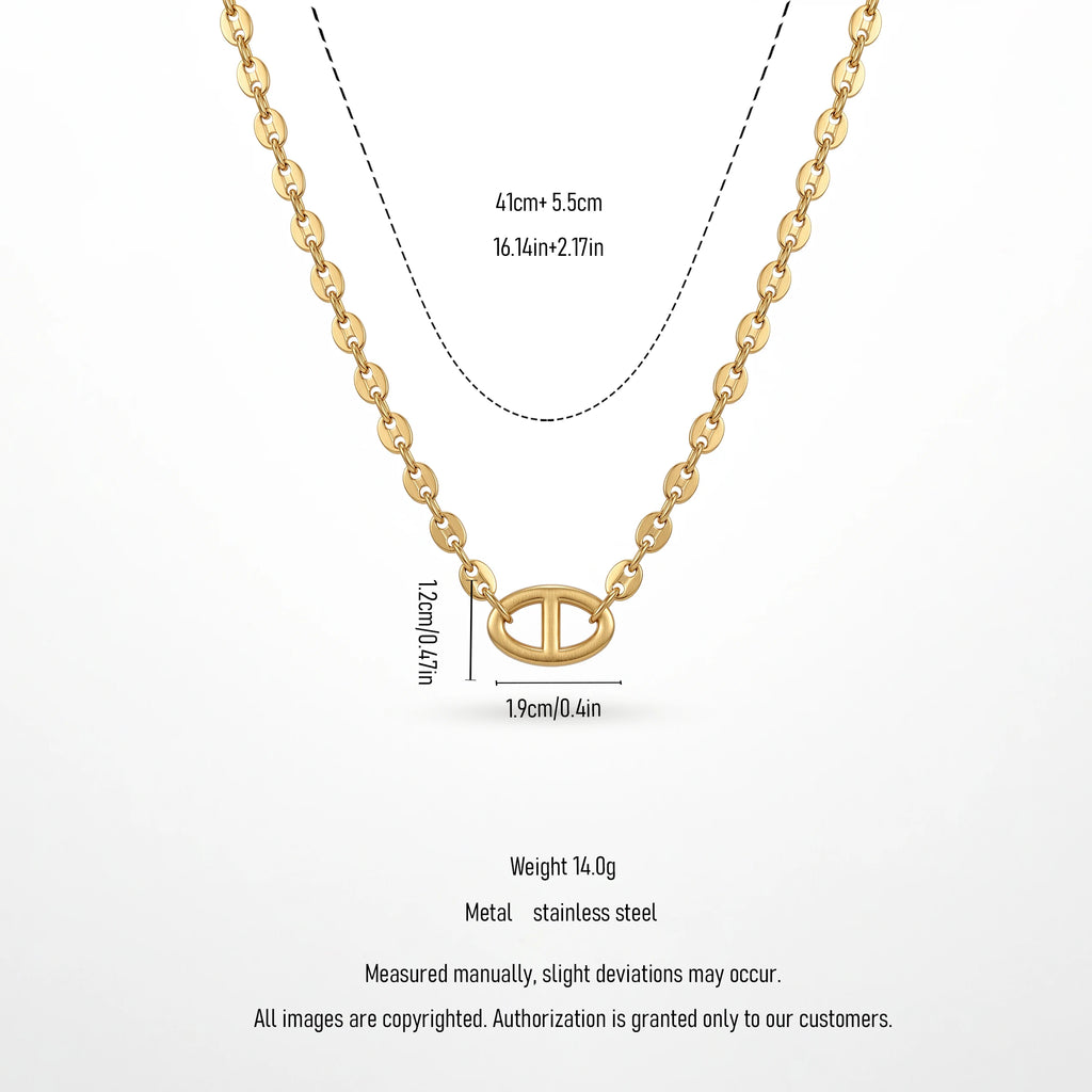 QIAOREN 13722  Oval Link Thin Chain Pendant Necklace with Hollow Single Square Buckle Charm, Matte Brush Gold Jewelry Gift