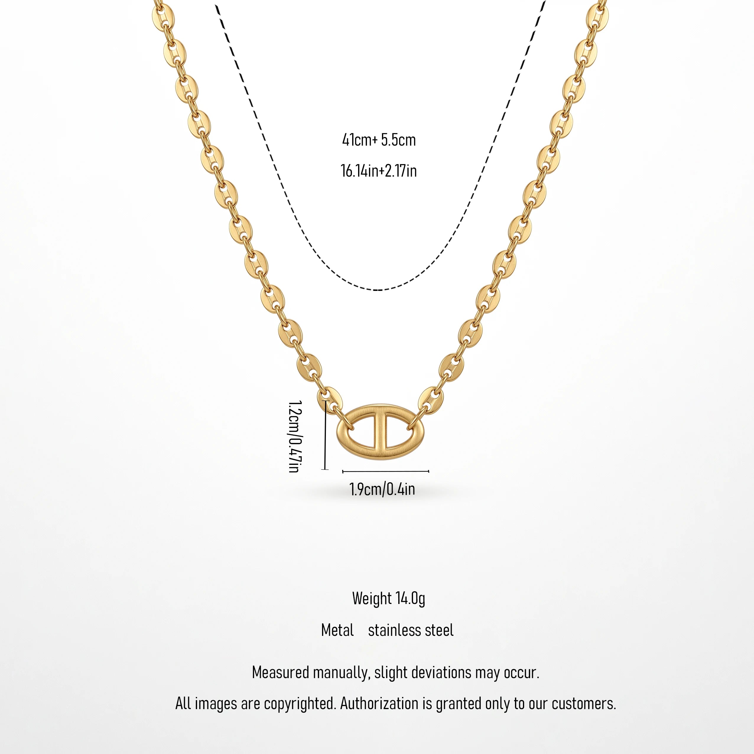 QIAOREN 13722  Oval Link Thin Chain Pendant Necklace with Hollow Single Square Buckle Charm, Matte Brush Gold Jewelry Gift