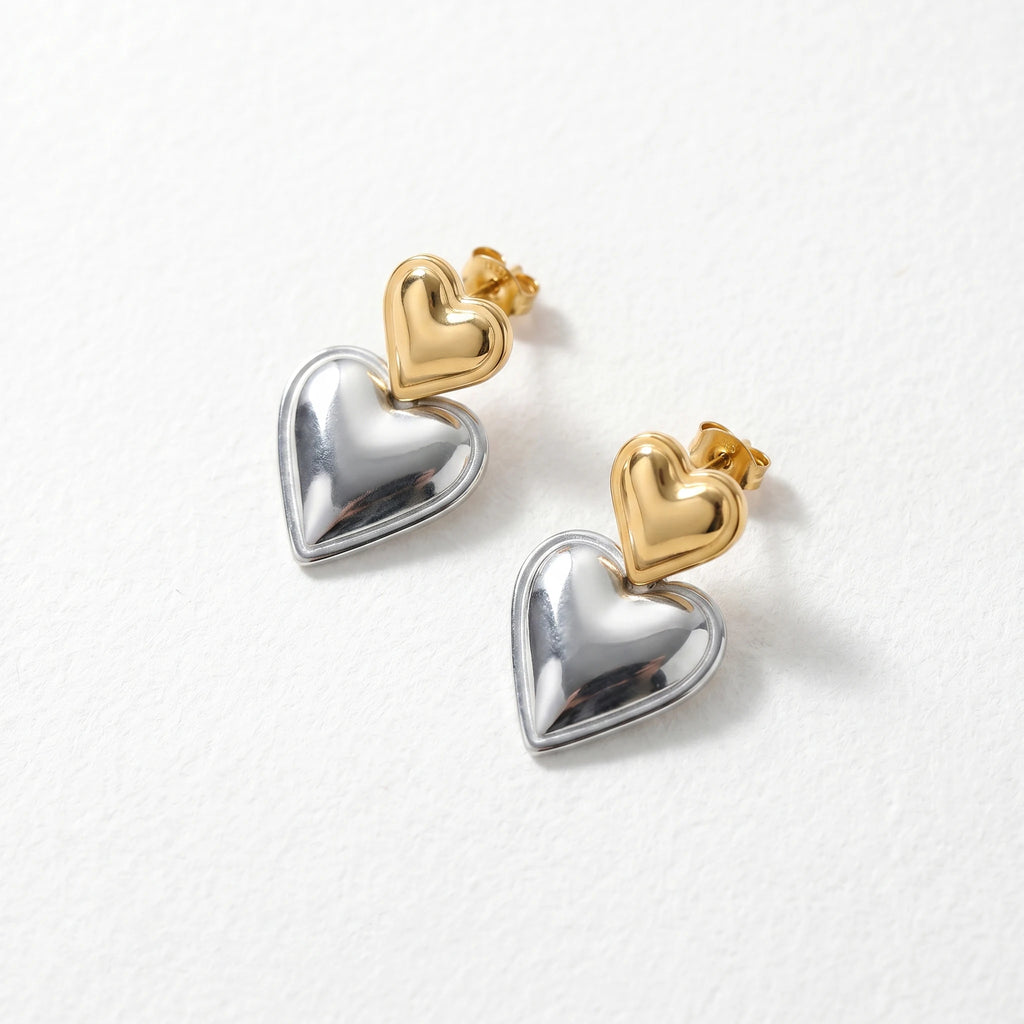 QIAOREN 12523  Two Tone Mixed Metal Double Heart Drop Earrings Gold Silver 316L Stainless Steel Puffy Heart Studs