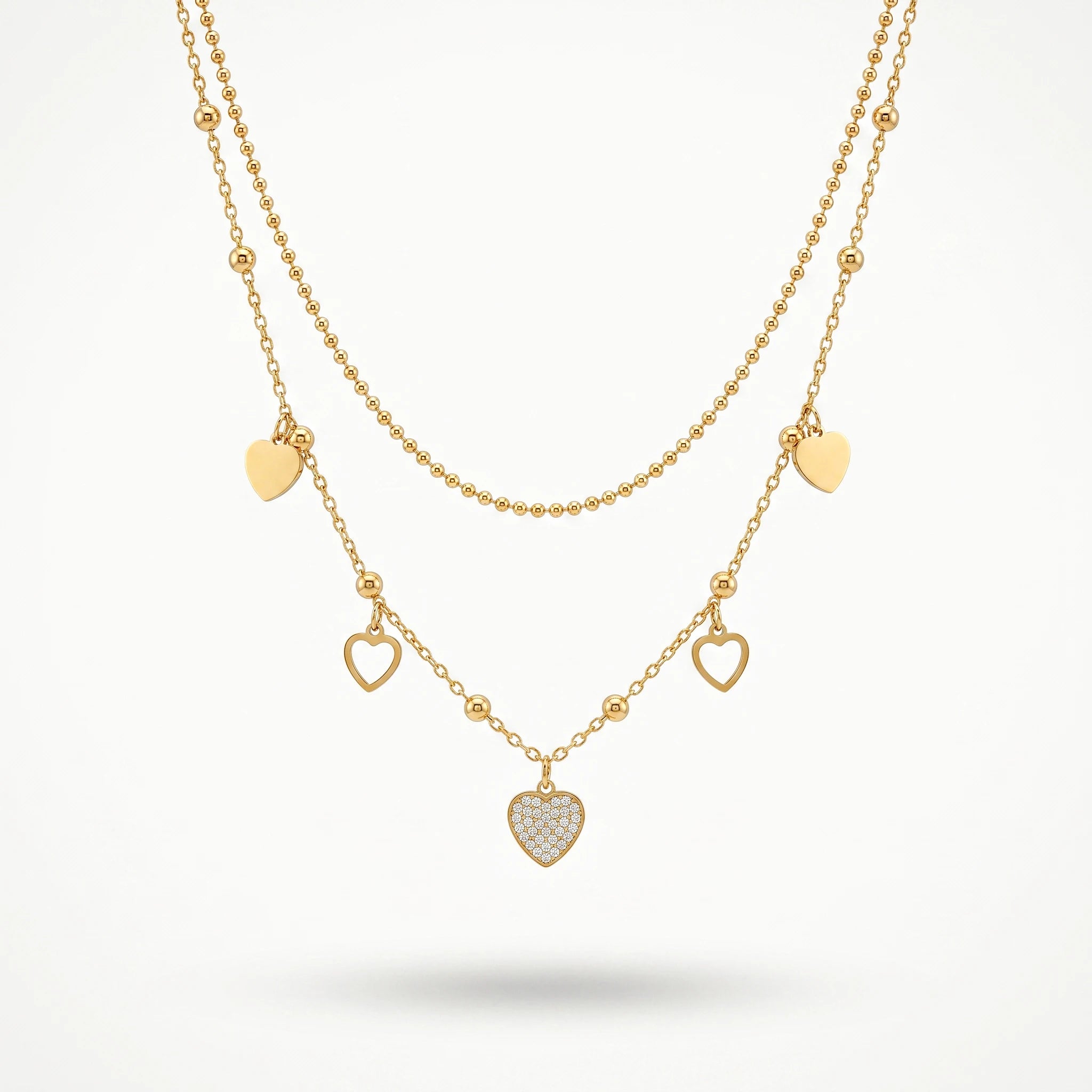QIAOREN 13814 Fashion Double Layer Beaded Ball Chain Heart Pendant Necklace with Solid & Hollow Heart Charms, Central Paved CZ