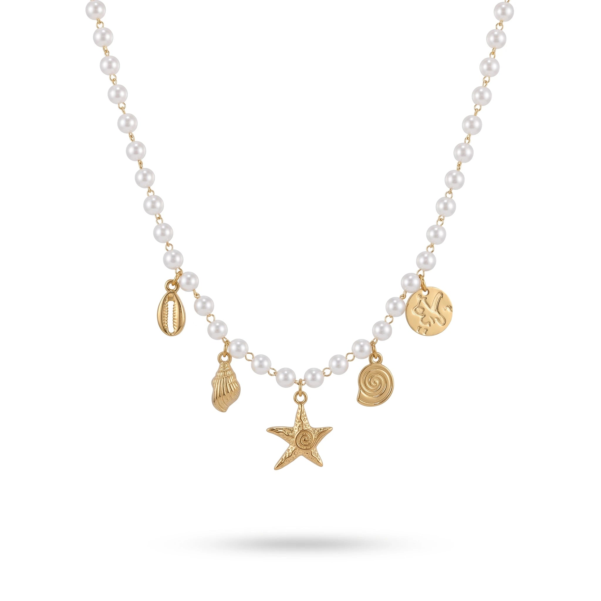 QIAOREN 11293 18K Gold Plated Pearl Choker Necklace With Ocean Charms Stainless Steel Tarnish Free Waterproof Jewelry