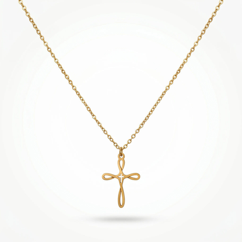 QIAOREN 10662 Dainty Fluid Cross Pendant Necklace 18K Gold Plated Stainless Steel  Women's Everyday Layering Gift Necklace