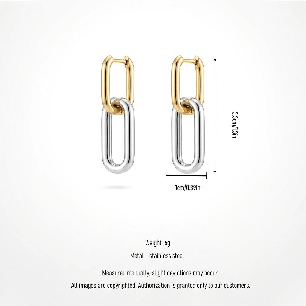 QIAOREN 12524  Modern Interlocking Rectangular Hoop Earrings Silver Stainless Steel Bold Link Dangle Jewelry US EU