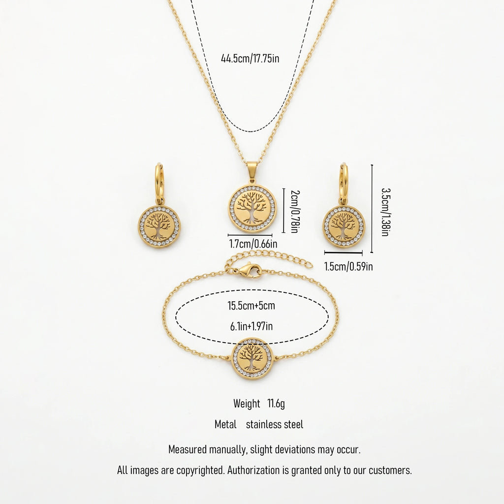 QIAOREN 11585 Waterproof 18K Gold Plated Stainless Steel Tree of Life Jewelry Set for Women Daily Wear 3 Piece