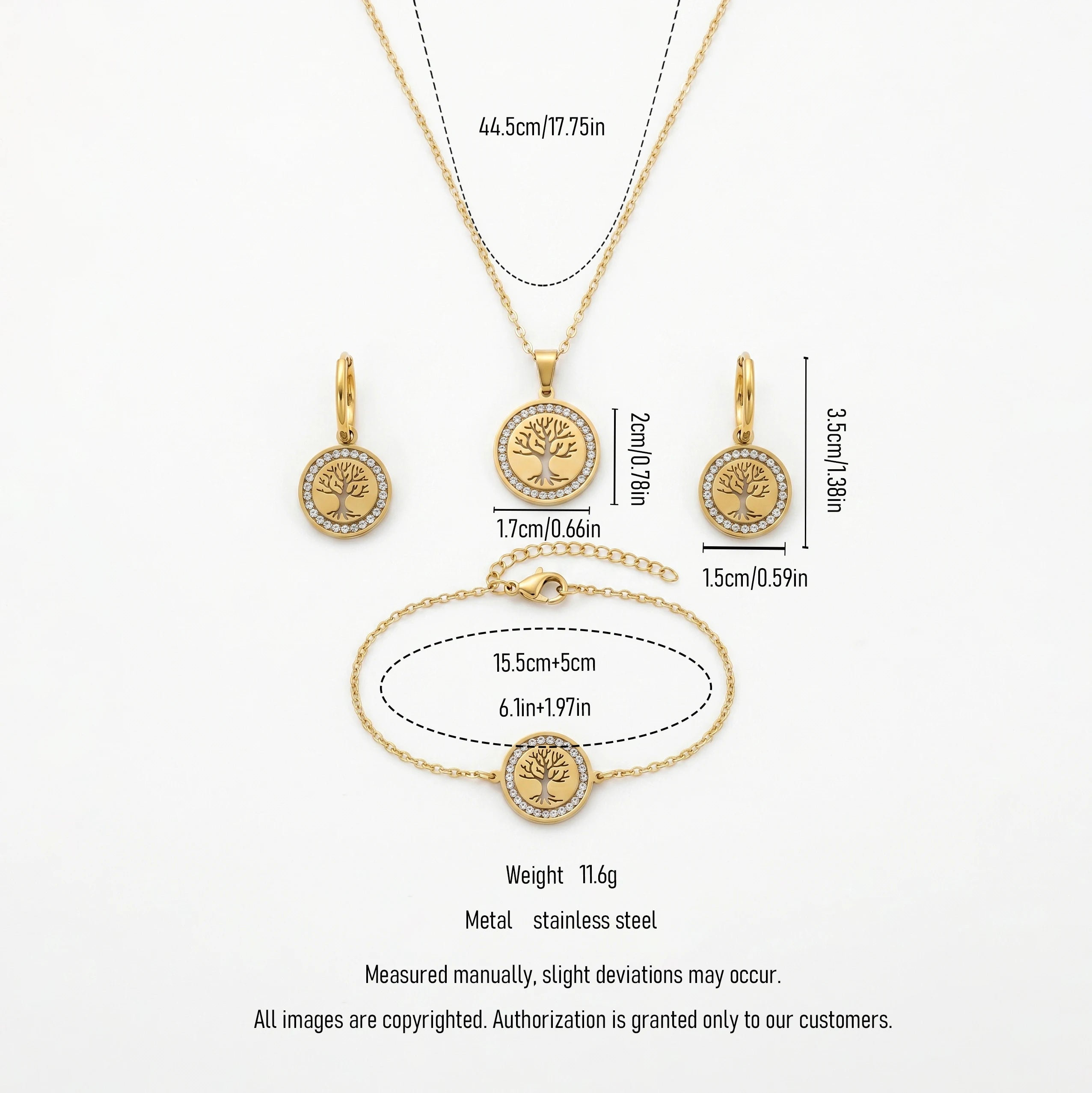 QIAOREN 11585 Waterproof 18K Gold Plated Stainless Steel Tree of Life Jewelry Set for Women Daily Wear 3 Piece