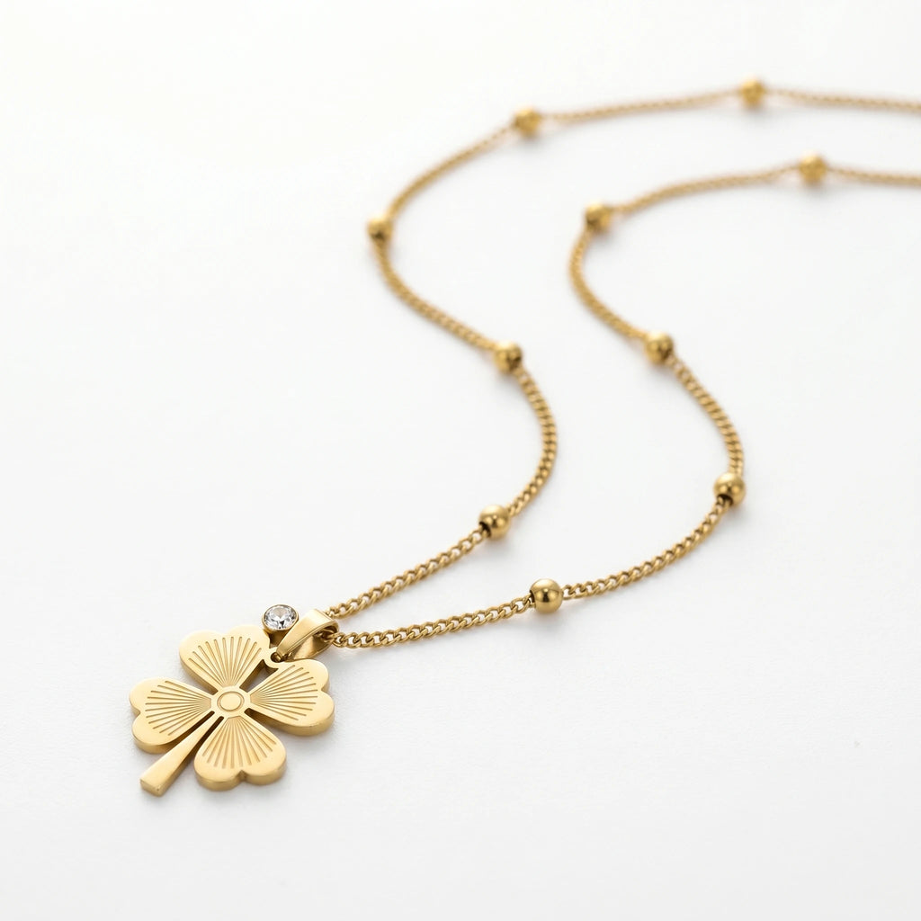 QIAOREN 12896 18K Gold Plated Four Leaf Clover Necklace, Waterproof Tarnish Free Stainless Steel Lucky Clover Satellite Chain