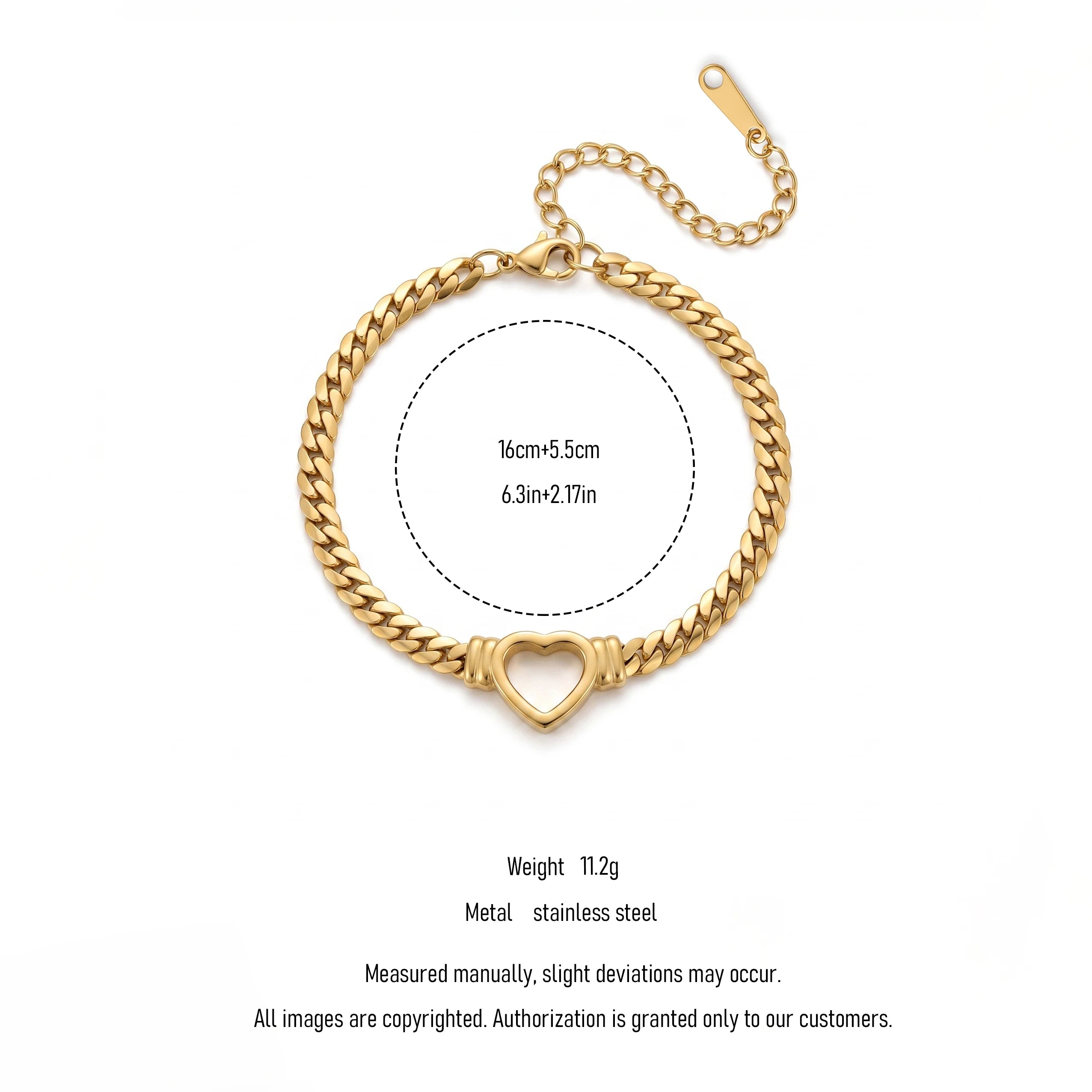 QIAOREN 13298 Gold Plated Stainless Steel Cuban Link Heart Bracelet Minimalist Dainty Chain Bracelet for Women