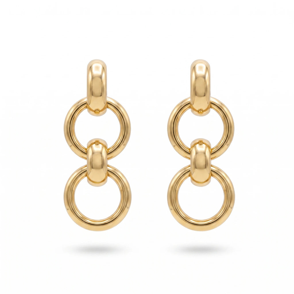 QIAOREN 14546 Triple Link Chain Ring Stud Earrings, Polished Thick Tube Interlocked Stud Earrings, Hypoallergenic Jewelry