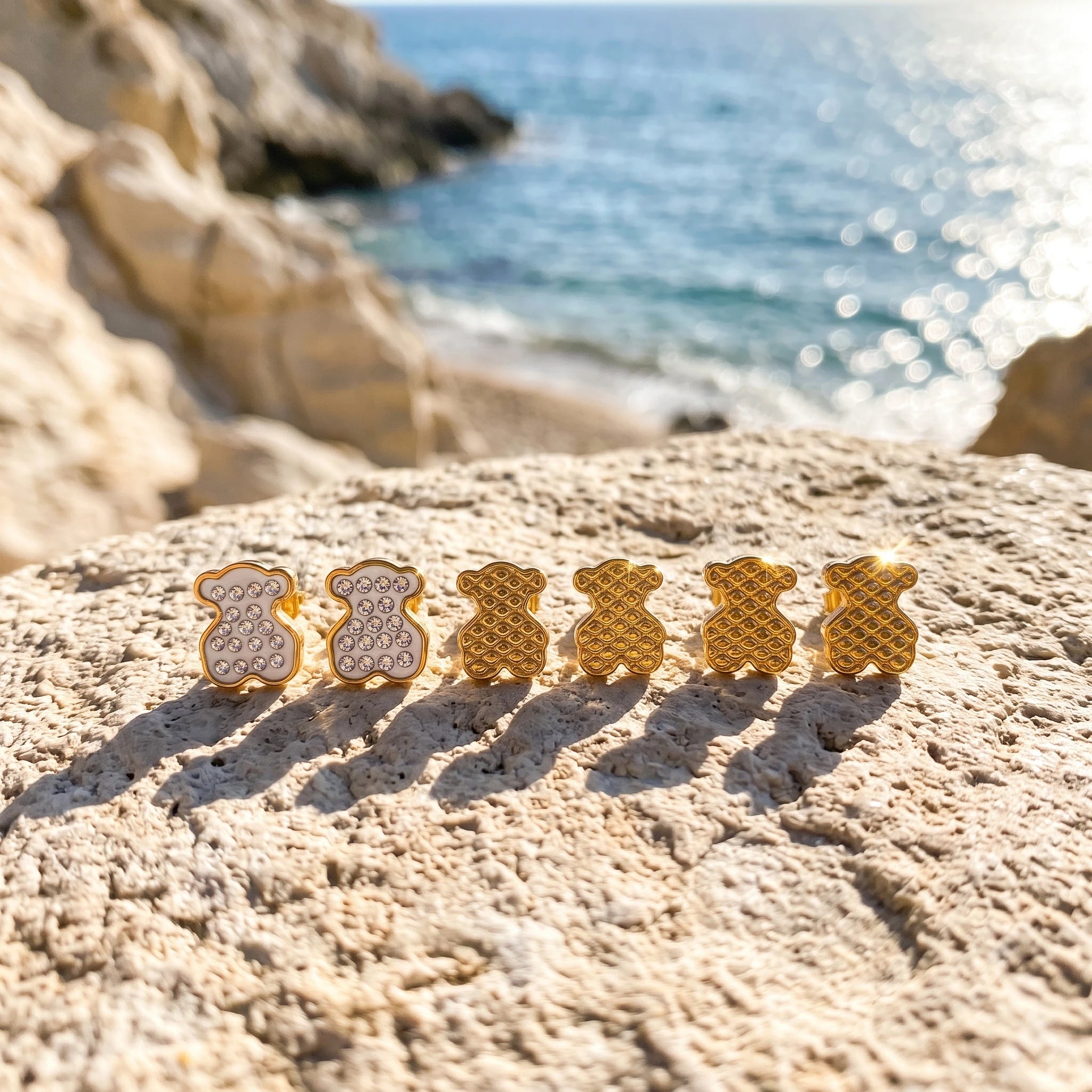 QIAOREN 14466 3 Pair Gold Stainless Steel Bear Stud Earrings, Paved CZ Enamel Bear & Honeycomb Textured Bear Earrings