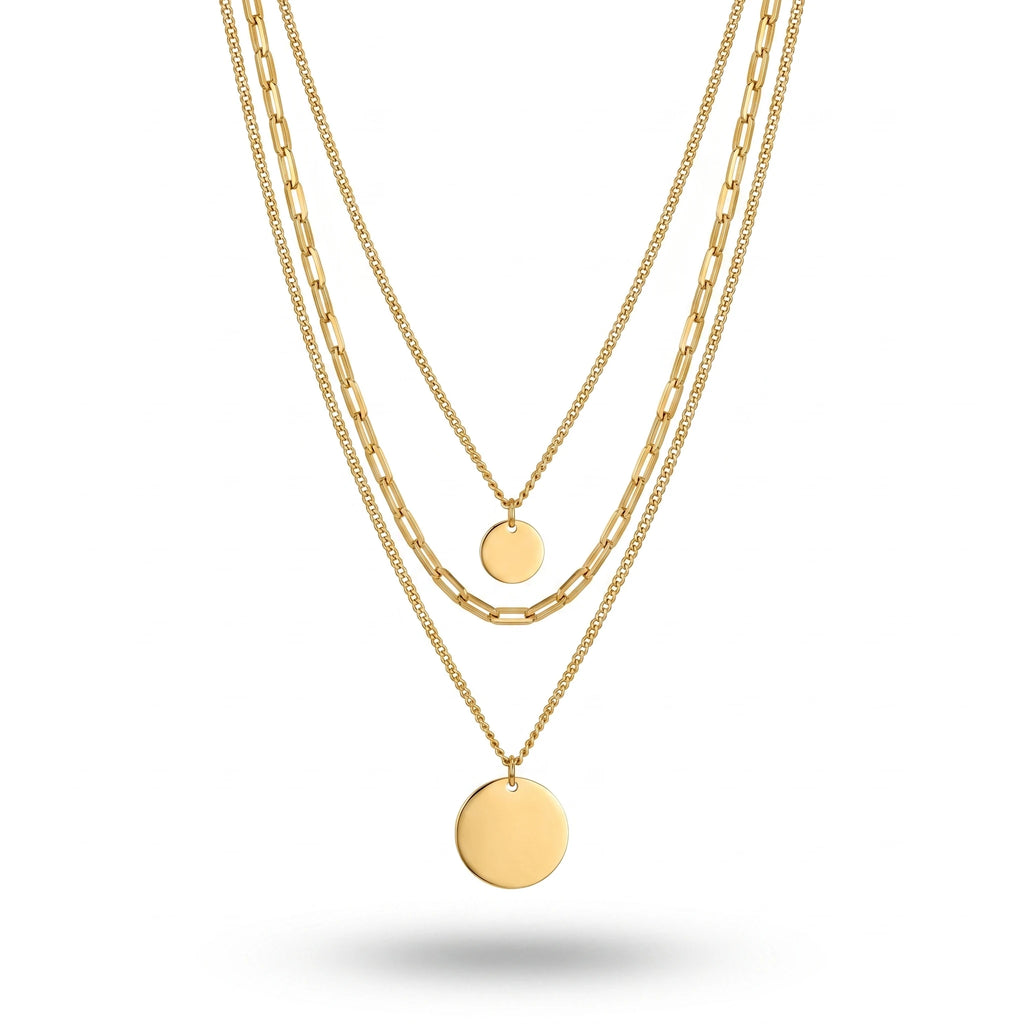QIAOREN 11359 18K Gold Plated 3 Layered Paperclip Chain Necklace With Dual Disc Pendants Stainless Steel Tarnish Free