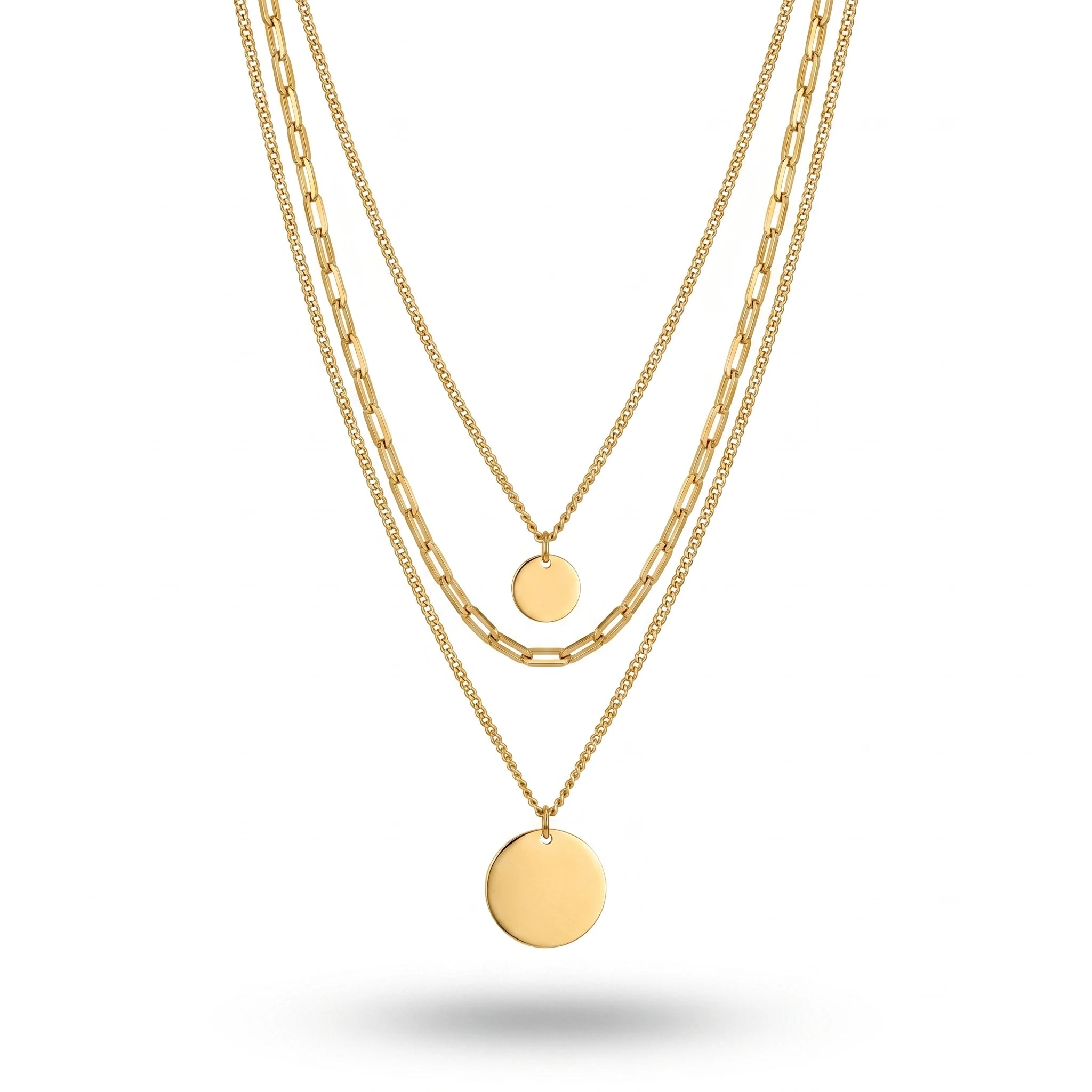 QIAOREN 11359 18K Gold Plated 3 Layered Paperclip Chain Necklace With Dual Disc Pendants Stainless Steel Tarnish Free