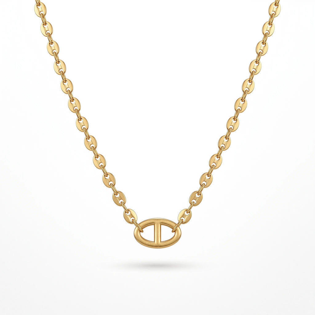 QIAOREN 13722  Oval Link Thin Chain Pendant Necklace with Hollow Single Square Buckle Charm, Matte Brush Gold Jewelry Gift