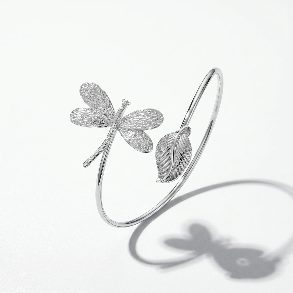 QIAOREN 12776 Stainless Steel Dragonfly Leaf Open Cuff Bangle Adjustable Silver Nature Wrist Bracelet for Women