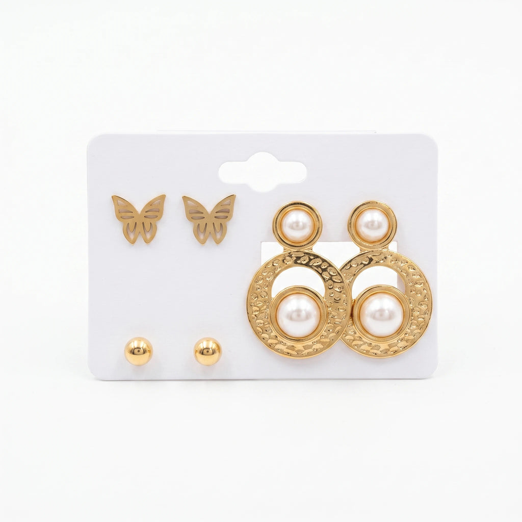 QIAOREN 14482 3 Pair Gold Stainless Steel Earrings Set, Leopard Textured Double Circle Pearl, Butterfly & Ball Stud Earrings