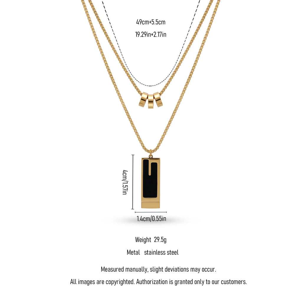 QIAOREN 13990 Double Layer Box Chain Stacked Necklace with Three Tube Beads and Rectangular Bar Pendant Inlaid Black Enamel