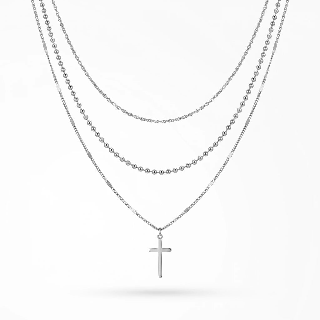 QIAOREN 10602 3 Layered Cross Pendant Necklace Link Chain 18K Gold Plated Stainless Steel Waterproof Tarnish Free Unisex Jewelry