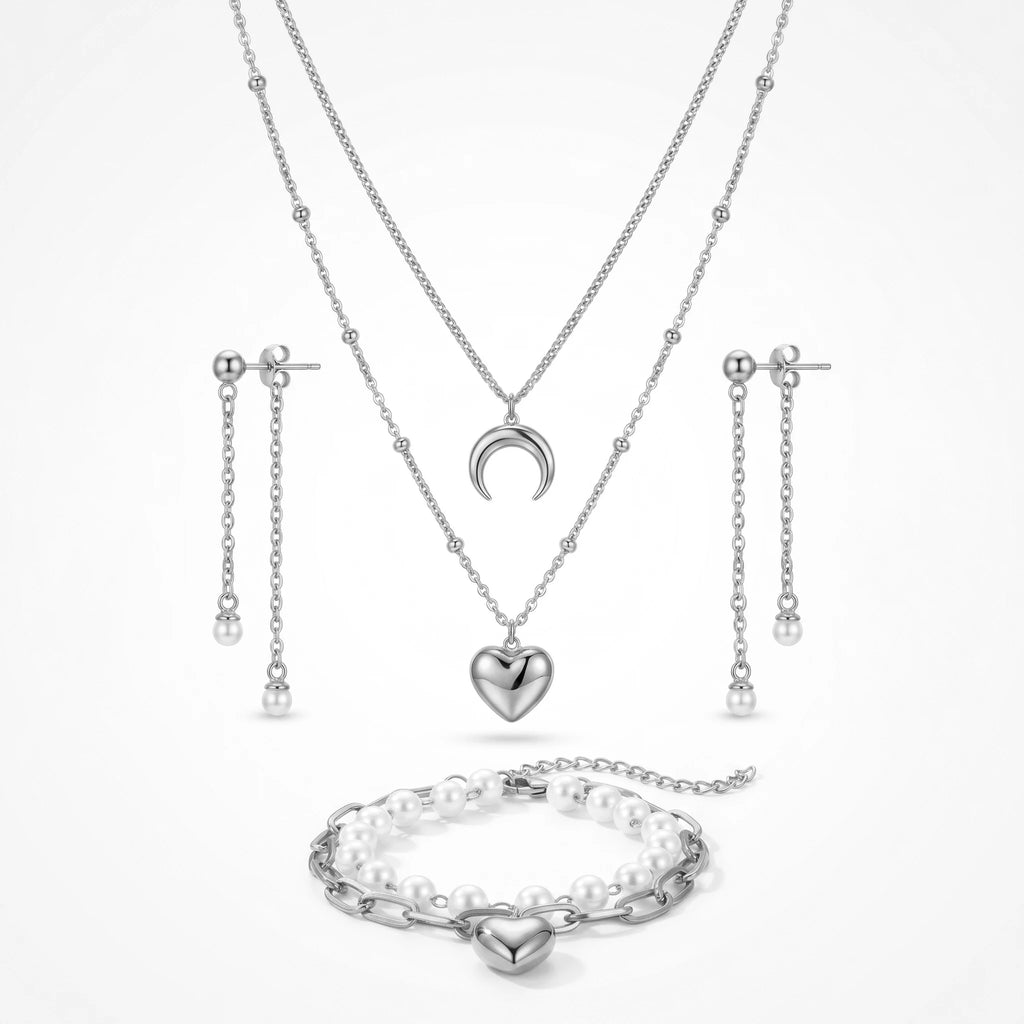 QIAOREN 11540 Romantic Pearl Tassel Moon Heart Jewelry Set 18K Gold Plated Stainless Steel for Women