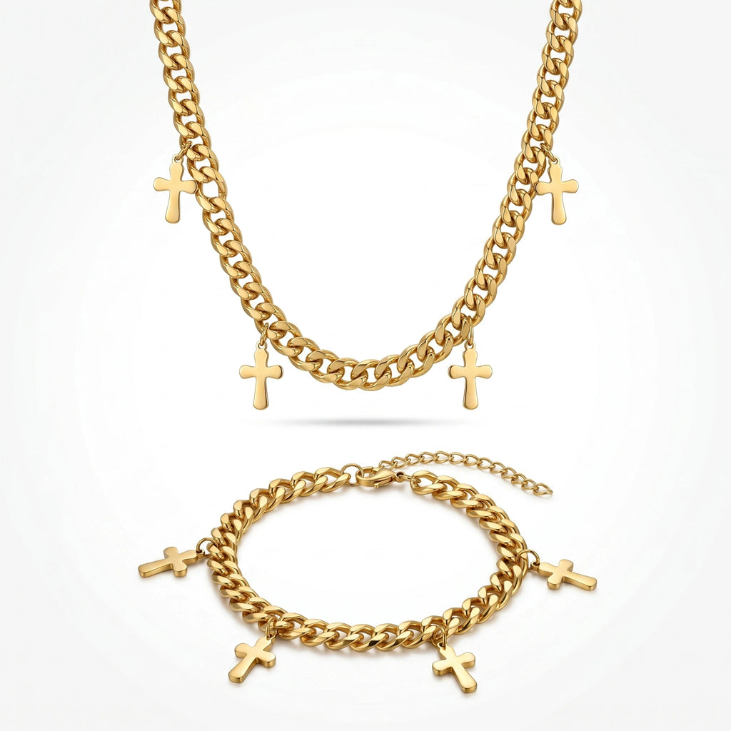 QIAOREN 11892 Wholesale Stainless Steel Cuban Chain Set Multi Cross Charms Adjustable Gold Necklace Bracelet Jewelry