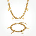 QIAOREN 11892 Wholesale Stainless Steel Cuban Chain Set Multi Cross Charms Adjustable Gold Necklace Bracelet Jewelry