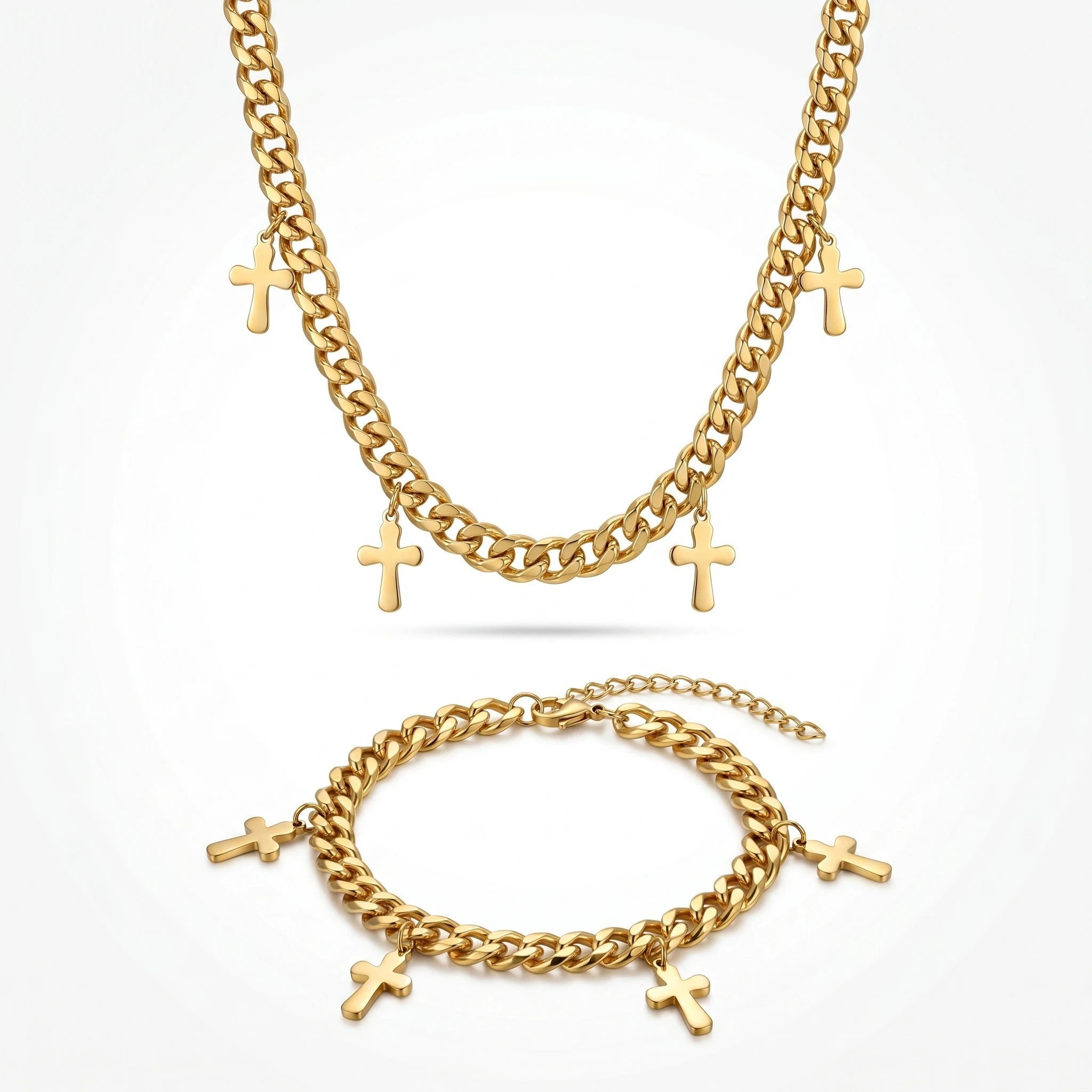 QIAOREN 11892 Wholesale Stainless Steel Cuban Chain Set Multi Cross Charms Adjustable Gold Necklace Bracelet Jewelry