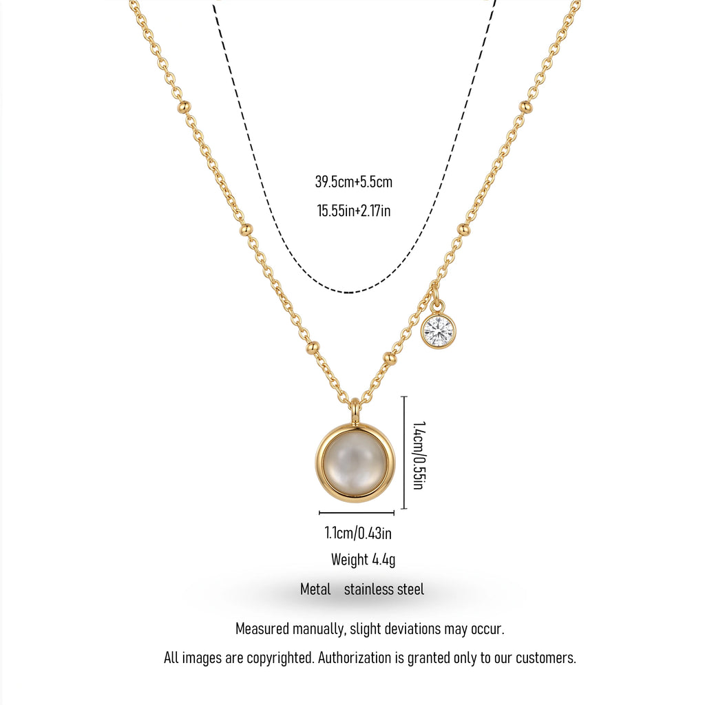 QIAOREN 13537 Dainty Chain Necklace with Round White Cat Eye & Tiny Zircon Dual Charms Necklace