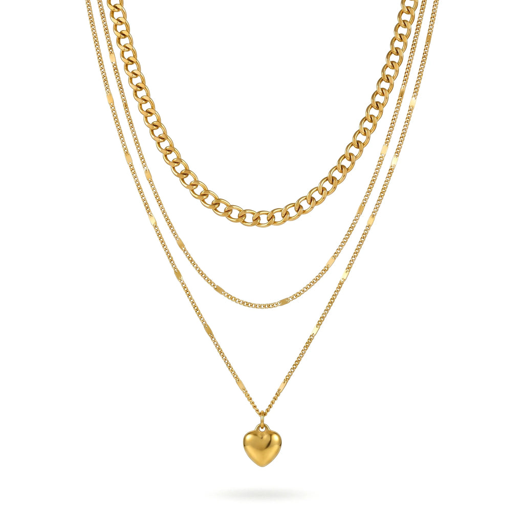 QIAOREN 11988 Europe Hot Hypoallergenic Stainless Steel 3 Tier Stacked Necklace Mixed Link Chain Heart Charm Layered Necklaces