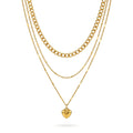 QIAOREN 11988 Europe Hot Hypoallergenic Stainless Steel 3 Tier Stacked Necklace Mixed Link Chain Heart Charm Layered Necklaces