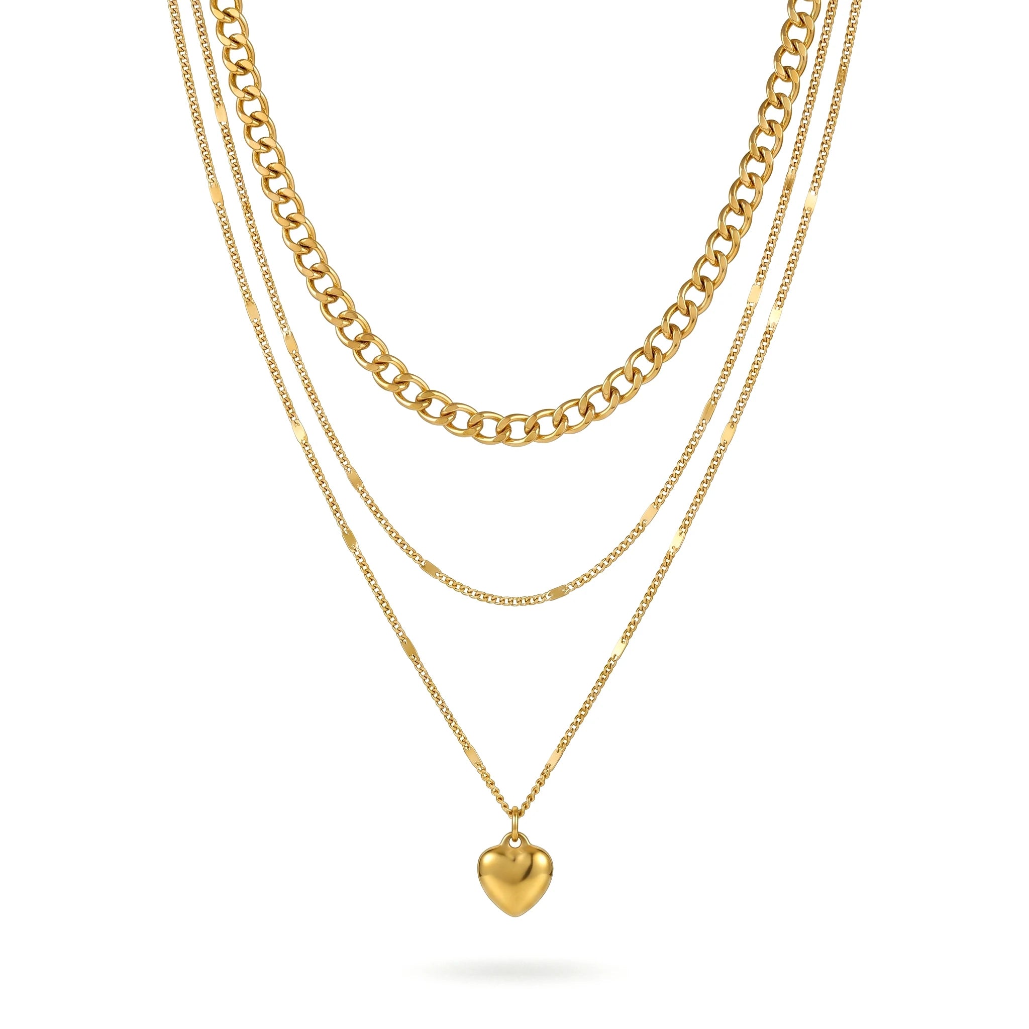 QIAOREN 11988 Europe Hot Hypoallergenic Stainless Steel 3 Tier Stacked Necklace Mixed Link Chain Heart Charm Layered Necklaces