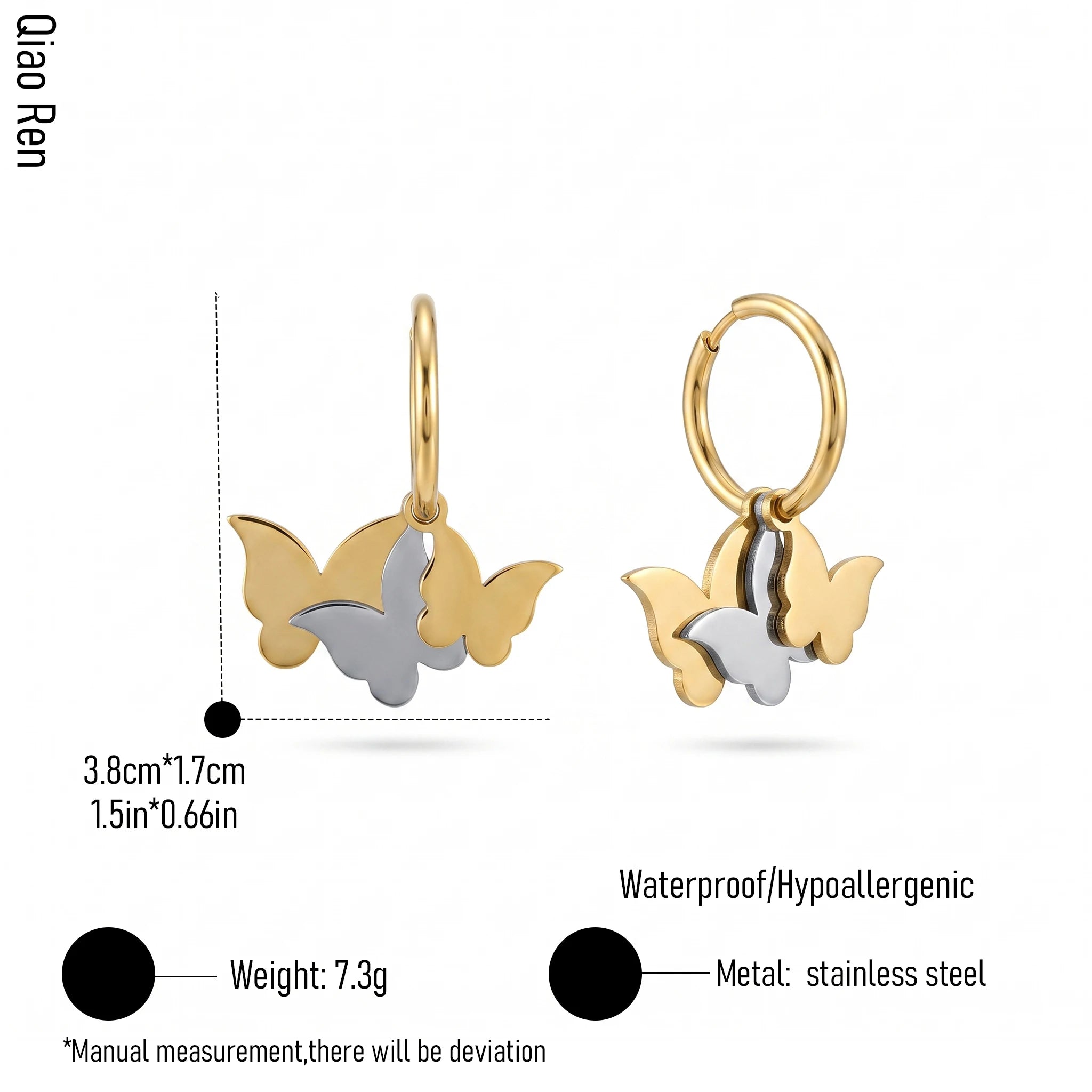 QIAOREN 14426 Stainless Steel Gold Plated Two-Tone Triple Butterfly Charm Huggie Hoop Earrings Small Gift for Daily Outfits