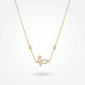 QIAOREN 13710 Thin Cable Chain Necklace with Hollow Beaded Border Butterfly Inlaid White Mother of Pearl & Dual Zircon