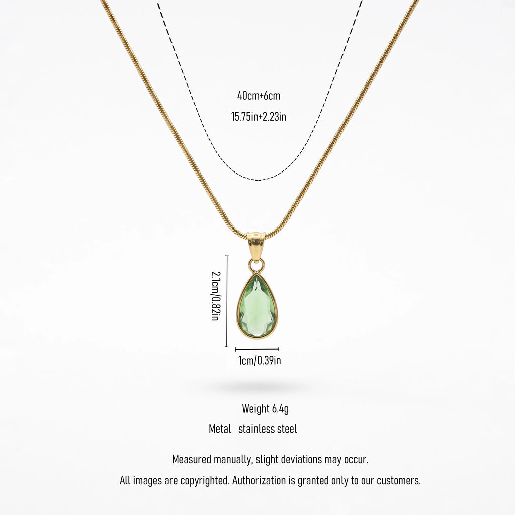 QIAOREN 13845-46 Stainless Steel Green Crystal Teardrop Necklace Waterproof Hypoallergenic Elegant Pendant for Women