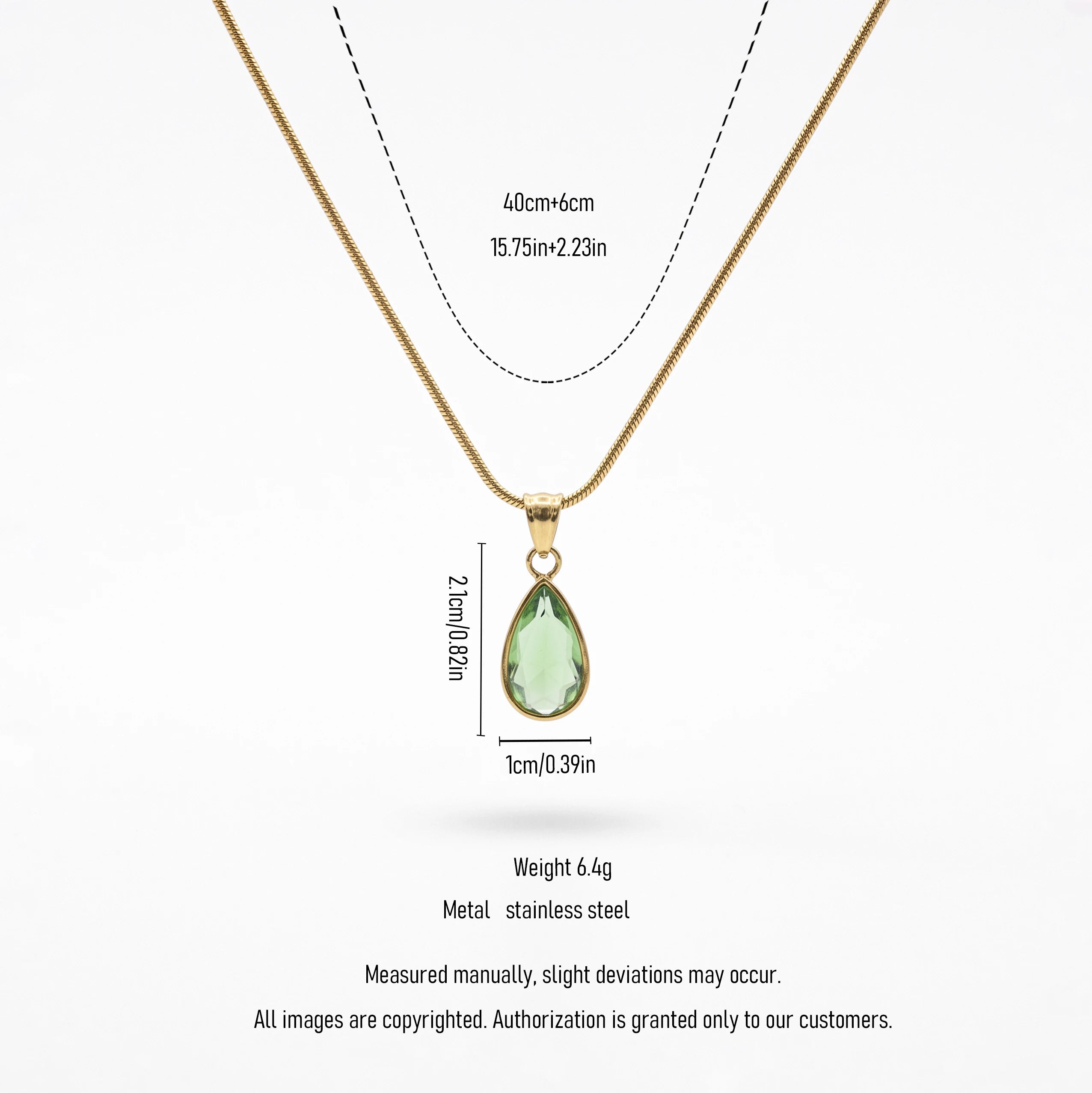 QIAOREN 13845-46 Stainless Steel Green Crystal Teardrop Necklace Waterproof Hypoallergenic Elegant Pendant for Women